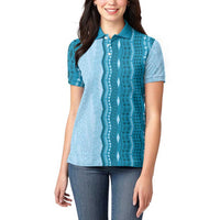 Vintage Cobalt Blue Hawaiian Traditional Kapa Mix Flowers Lei Women Polo Shirt LT7 - Polynesian Pride