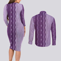 Vintage Violet Hawaiian Traditional Kapa Mix Flowers Lei Couples Matching Long Sleeve Bodycon Dress and Long Sleeve Button Shirt LT7 - Polynesian Pride