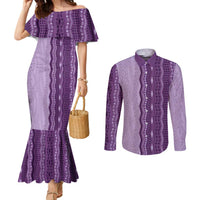 Vintage Violet Hawaiian Traditional Kapa Mix Flowers Lei Couples Matching Mermaid Dress and Long Sleeve Button Shirt LT7 Violet - Polynesian Pride