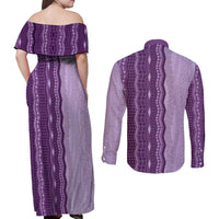 Vintage Violet Hawaiian Traditional Kapa Mix Flowers Lei Couples Matching Off Shoulder Maxi Dress and Long Sleeve Button Shirt LT7 - Polynesian Pride