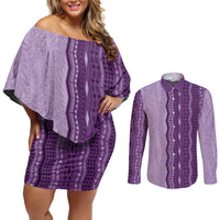 Vintage Violet Hawaiian Traditional Kapa Mix Flowers Lei Couples Matching Off Shoulder Short Dress and Long Sleeve Button Shirt LT7 Violet - Polynesian Pride