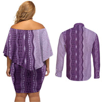 Vintage Violet Hawaiian Traditional Kapa Mix Flowers Lei Couples Matching Off Shoulder Short Dress and Long Sleeve Button Shirt LT7 - Polynesian Pride