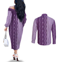 Vintage Violet Hawaiian Traditional Kapa Mix Flowers Lei Couples Matching Off The Shoulder Long Sleeve Dress and Long Sleeve Button Shirt LT7 - Polynesian Pride