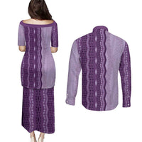 Vintage Violet Hawaiian Traditional Kapa Mix Flowers Lei Couples Matching Puletasi and Long Sleeve Button Shirt LT7 - Polynesian Pride