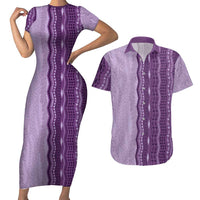 Vintage Violet Hawaiian Traditional Kapa Mix Flowers Lei Couples Matching Short Sleeve Bodycon Dress and Hawaiian Shirt LT7 Violet - Polynesian Pride