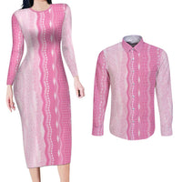 Vintage Pink Hawaiian Traditional Kapa Mix Flowers Lei Couples Matching Long Sleeve Bodycon Dress and Long Sleeve Button Shirt LT7 Pink - Polynesian Pride