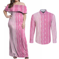 Vintage Pink Hawaiian Traditional Kapa Mix Flowers Lei Couples Matching Off Shoulder Maxi Dress and Long Sleeve Button Shirt LT7 Pink - Polynesian Pride
