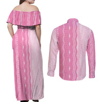 Vintage Pink Hawaiian Traditional Kapa Mix Flowers Lei Couples Matching Off Shoulder Maxi Dress and Long Sleeve Button Shirt LT7 - Polynesian Pride