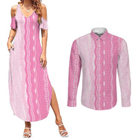 Vintage Pink Hawaiian Traditional Kapa Mix Flowers Lei Couples Matching Summer Maxi Dress and Long Sleeve Button Shirt LT7 Pink - Polynesian Pride