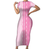 Vintage Pink Hawaiian Traditional Kapa Mix Flowers Lei Short Sleeve Bodycon Dress LT7 Long Dress Pink - Polynesian Pride