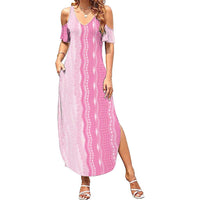 Vintage Pink Hawaiian Traditional Kapa Mix Flowers Lei Summer Maxi Dress