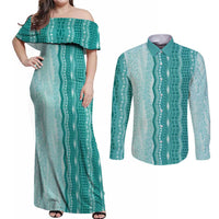 Vintage Teal Hawaiian Traditional Kapa Mix Flowers Lei Couples Matching Off Shoulder Maxi Dress and Long Sleeve Button Shirt LT7 Teal - Polynesian Pride