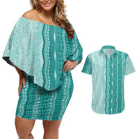 Vintage Teal Hawaiian Traditional Kapa Mix Flowers Lei Couples Matching Off Shoulder Short Dress and Hawaiian Shirt LT7 Teal - Polynesian Pride