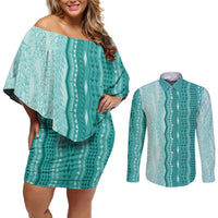 Vintage Teal Hawaiian Traditional Kapa Mix Flowers Lei Couples Matching Off Shoulder Short Dress and Long Sleeve Button Shirt LT7 Teal - Polynesian Pride