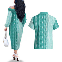 Vintage Teal Hawaiian Traditional Kapa Mix Flowers Lei Couples Matching Off The Shoulder Long Sleeve Dress and Hawaiian Shirt LT7 - Polynesian Pride