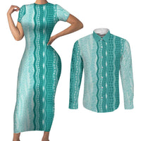 Vintage Teal Hawaiian Traditional Kapa Mix Flowers Lei Couples Matching Short Sleeve Bodycon Dress and Long Sleeve Button Shirt LT7 Teal - Polynesian Pride