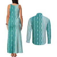 Vintage Teal Hawaiian Traditional Kapa Mix Flowers Lei Couples Matching Tank Maxi Dress and Long Sleeve Button Shirt LT7 - Polynesian Pride