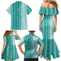 Vintage Teal Hawaiian Traditional Kapa Mix Flowers Lei Family Matching Mermaid Dress and Hawaiian Shirt LT7 - Polynesian Pride