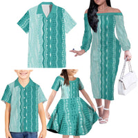 Vintage Teal Hawaiian Traditional Kapa Mix Flowers Lei Family Matching Off The Shoulder Long Sleeve Dress and Hawaiian Shirt LT7 - Polynesian Pride