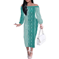 Vintage Teal Hawaiian Traditional Kapa Mix Flowers Lei Family Matching Off The Shoulder Long Sleeve Dress and Hawaiian Shirt LT7 Mom's Dress Teal - Polynesian Pride