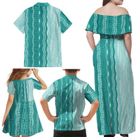 Vintage Teal Hawaiian Traditional Kapa Mix Flowers Lei Family Matching Off Shoulder Maxi Dress and Hawaiian Shirt LT7 - Polynesian Pride