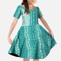 Vintage Teal Hawaiian Traditional Kapa Mix Flowers Lei Family Matching Summer Maxi Dress and Hawaiian Shirt LT7 Daughter's Dress Teal - Polynesian Pride