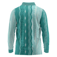 Vintage Teal Hawaiian Traditional Kapa Mix Flowers Lei Long Sleeve Polo Shirt LT7 - Polynesian Pride
