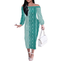 Vintage Teal Hawaiian Traditional Kapa Mix Flowers Lei Off The Shoulder Long Sleeve Dress LT7 Women Teal - Polynesian Pride