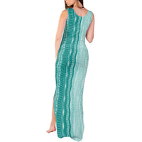 Vintage Teal Hawaiian Traditional Kapa Mix Flowers Lei Tank Maxi Dress