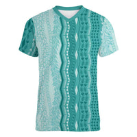 Vintage Teal Hawaiian Traditional Kapa Mix Flowers Lei Women V-Neck T-Shirt LT7 Female Teal - Polynesian Pride