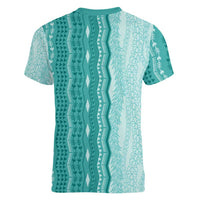 Vintage Teal Hawaiian Traditional Kapa Mix Flowers Lei Women V-Neck T-Shirt LT7 - Polynesian Pride