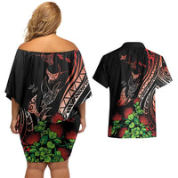 Aloha Hawaii Manta Rays Couples Matching Off Shoulder Short Dress and Hawaiian Shirt Red Ohia Lehua LT7 - Polynesian Pride