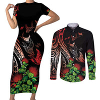 Aloha Hawaii Manta Rays Couples Matching Short Sleeve Bodycon Dress and Long Sleeve Button Shirt Red Ohia Lehua LT7 Red - Polynesian Pride