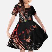 Aloha Hawaii Manta Rays Family Matching Off The Shoulder Long Sleeve Dress and Hawaiian Shirt Red Ohia Lehua LT7 Daughter's Dress Red - Polynesian Pride