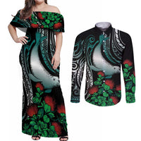 Aloha Hawaii Monk Seal Couples Matching Off Shoulder Maxi Dress and Long Sleeve Button Shirt Mix Ohia Lehua LT7 Teal - Polynesian Pride
