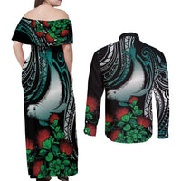 Aloha Hawaii Monk Seal Couples Matching Off Shoulder Maxi Dress and Long Sleeve Button Shirt Mix Ohia Lehua LT7 - Polynesian Pride