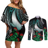Aloha Hawaii Monk Seal Couples Matching Off Shoulder Short Dress and Long Sleeve Button Shirt Mix Ohia Lehua LT7 Teal - Polynesian Pride