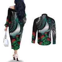 Aloha Hawaii Monk Seal Couples Matching Off The Shoulder Long Sleeve Dress and Long Sleeve Button Shirt Mix Ohia Lehua LT7 - Polynesian Pride