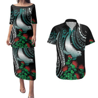 Aloha Hawaii Monk Seal Couples Matching Puletasi and Hawaiian Shirt Mix Ohia Lehua LT7 Teal - Polynesian Pride