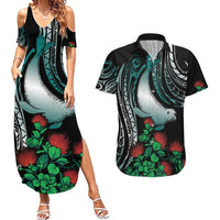 Aloha Hawaii Monk Seal Couples Matching Summer Maxi Dress and Hawaiian Shirt Mix Ohia Lehua LT7 Teal - Polynesian Pride