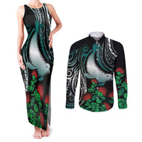 Aloha Hawaii Monk Seal Couples Matching Tank Maxi Dress and Long Sleeve Button Shirt Mix Ohia Lehua LT7 Teal - Polynesian Pride