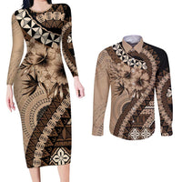 Bula Fiji Couples Matching Long Sleeve Bodycon Dress and Long Sleeve Button Shirt Mocha Brown Kaivity Masi Tapa LT7 Brown - Polynesian Pride