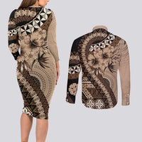 Bula Fiji Couples Matching Long Sleeve Bodycon Dress and Long Sleeve Button Shirt Mocha Brown Kaivity Masi Tapa LT7 - Polynesian Pride