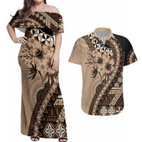 Bula Fiji Couples Matching Off Shoulder Maxi Dress and Hawaiian Shirt Mocha Brown Kaivity Masi Tapa LT7 Brown - Polynesian Pride
