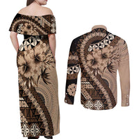 Bula Fiji Couples Matching Off Shoulder Maxi Dress and Long Sleeve Button Shirt Mocha Brown Kaivity Masi Tapa LT7 - Polynesian Pride