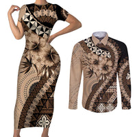 Bula Fiji Couples Matching Short Sleeve Bodycon Dress and Long Sleeve Button Shirt Mocha Brown Kaivity Masi Tapa LT7 Brown - Polynesian Pride