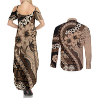 Bula Fiji Couples Matching Summer Maxi Dress and Long Sleeve Button Shirt Mocha Brown Kaivity Masi Tapa LT7 - Polynesian Pride