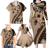 Bula Fiji Family Matching Long Sleeve Bodycon Dress and Hawaiian Shirt Mocha Brown Kaivity Masi Tapa LT7 - Polynesian Pride