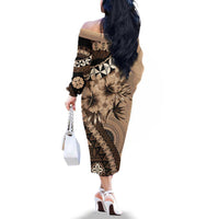 Bula Fiji Family Matching Off The Shoulder Long Sleeve Dress and Hawaiian Shirt Mocha Brown Kaivity Masi Tapa LT7 - Polynesian Pride