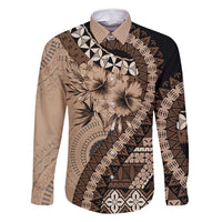 Bula Fiji Family Matching Summer Maxi Dress and Hawaiian Shirt Mocha Brown Kaivity Masi Tapa LT7 Dad's Shirt - Long Sleeve Brown - Polynesian Pride